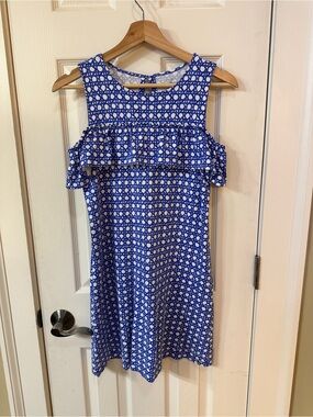 Vineyard Vines Sleeveless Dress Blue & White Lattice Print Ruffle - Girls 14